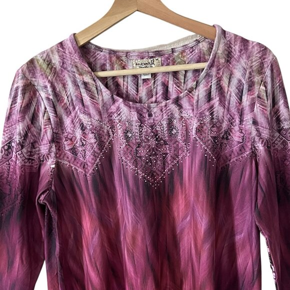 One World Tunic Top Size Medium Mesh Skirted Hem Brushed Knit Pink Purple Hi Low - Picture 3 of 8